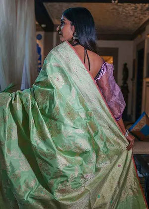Lime Green Katan Silk Saree — Kadwa Jaal