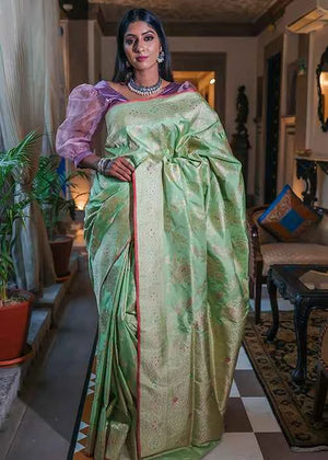 Lime Green Katan Silk Saree — Kadwa Jaal