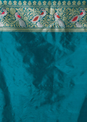 Peacock Color Katan Silk Saree Bird Booti