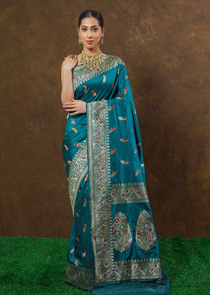 Peacock Color Katan Silk Saree Bird Booti