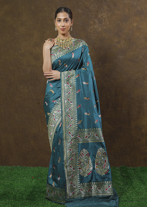 Peacock Color Katan Silk Saree - Kadwa Bird Booti
