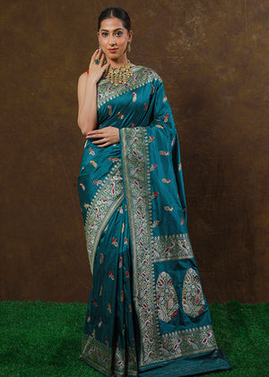 Peacock Color Katan Silk Saree Bird Booti