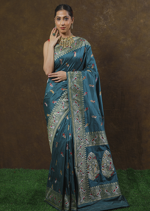 Peacock Color Katan Silk Saree - Kadwa Bird Booti