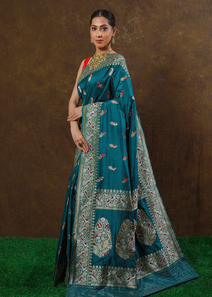 Peacock Color Katan Silk Saree Bird Booti