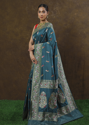 Peacock Color Katan Silk Saree - Kadwa Bird Booti