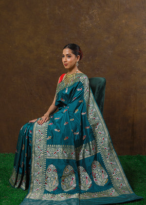 Peacock Color Katan Silk Saree Bird Booti