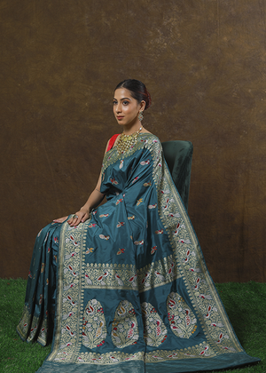 Peacock Color Katan Silk Saree - Kadwa Bird Booti