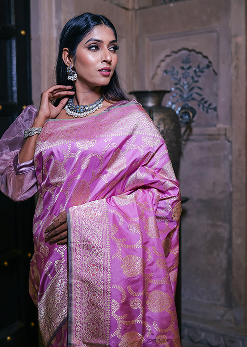 Light Pink Katan Silk Saree — Kadwa Meena Jaal