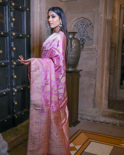 Pink Handwoven Kadwa Katan Pure Silk Saree - Panaya 