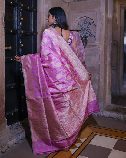 Pink Handwoven Kadwa Katan Pure Silk Saree - Panaya 