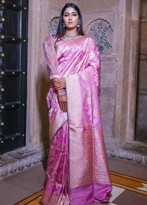 Light Pink Katan Silk Saree — Kadwa Meena Jaal